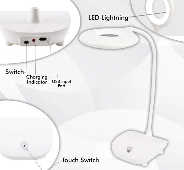 Rechargeable LED Desk Lamp One-touch On/Off Switch Student Study Reading Learning Dimmer / Brightener Rechargeable Led Table with Children Eye Protection Lamps (White)  